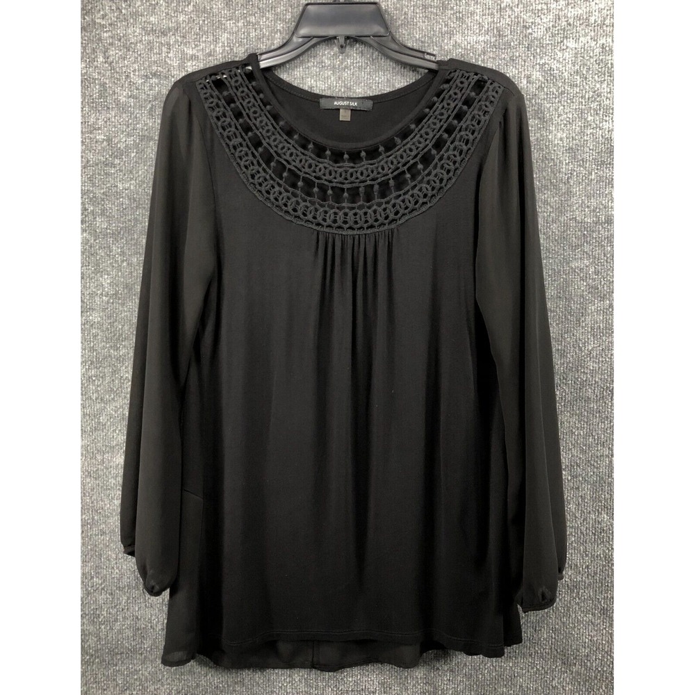 AUGUST SILK Shirt Women's Size S Long Sleeve Mesh Sleeves Crochet Back Blouse